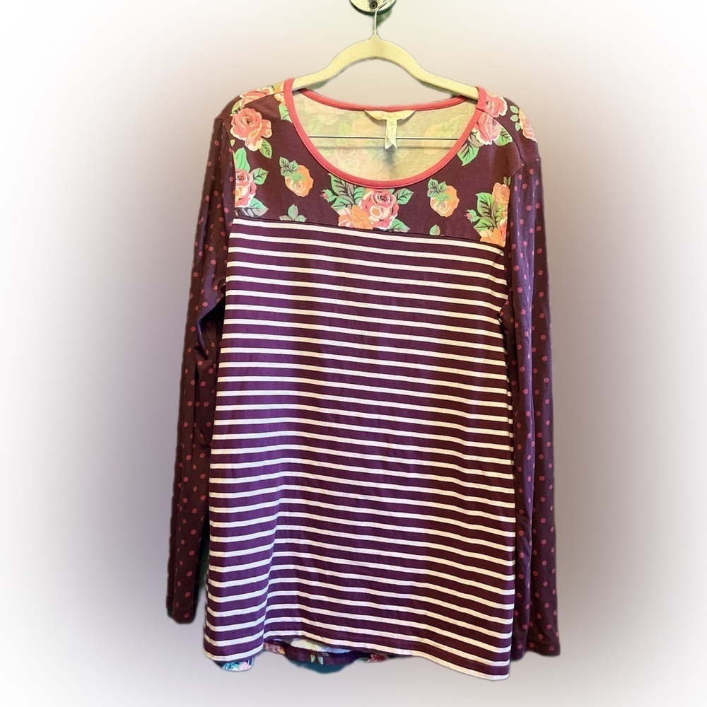 Matilda Jane Rose Floral Purple Striped Polka Dot Long Sleeve Shirt medium